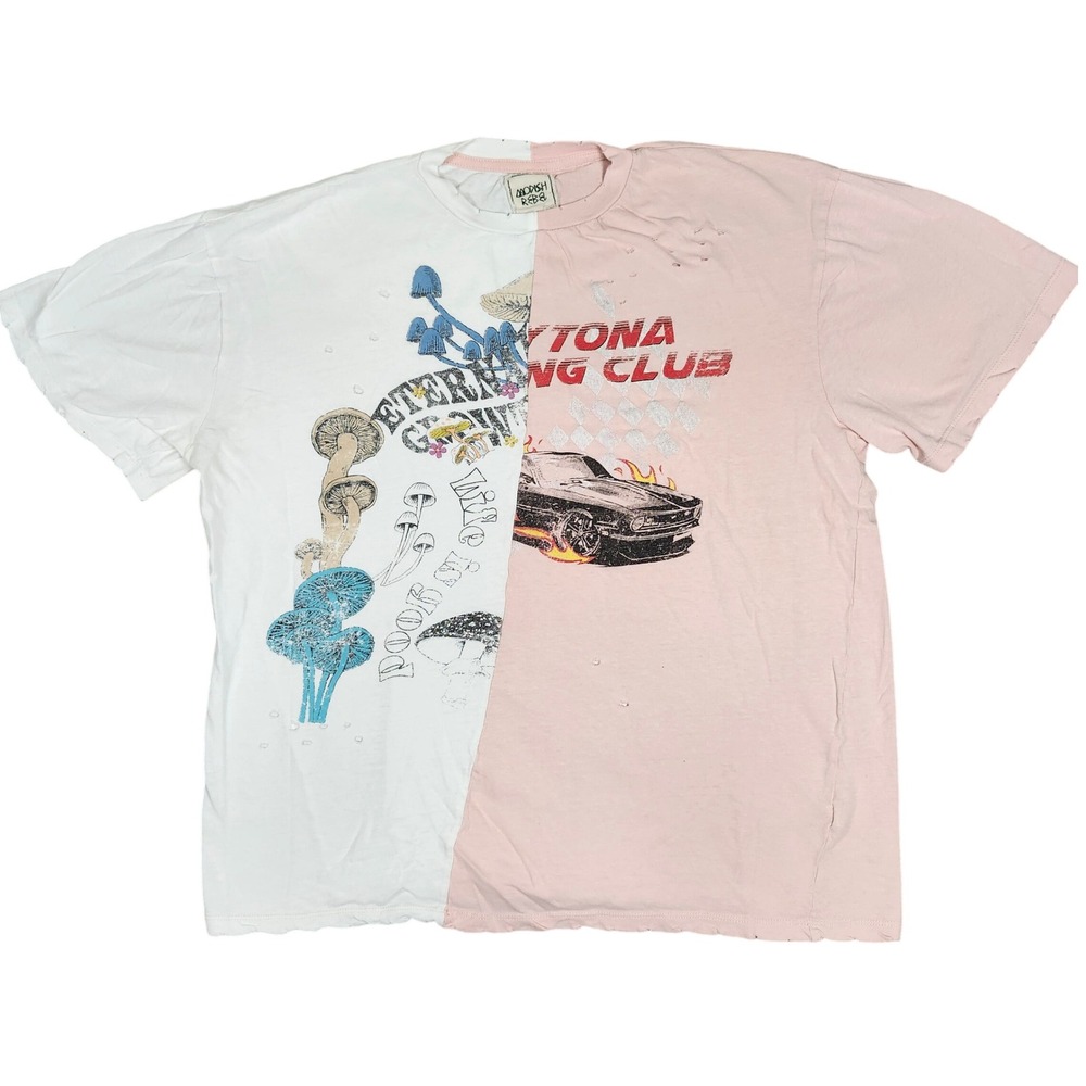 Modish Rebel Reworked‎ Split Graphic Tee Mushroom & Daytona Car Distressed Sz XL